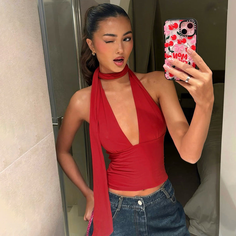 Deep V-Neck Halter Neck Tie Top