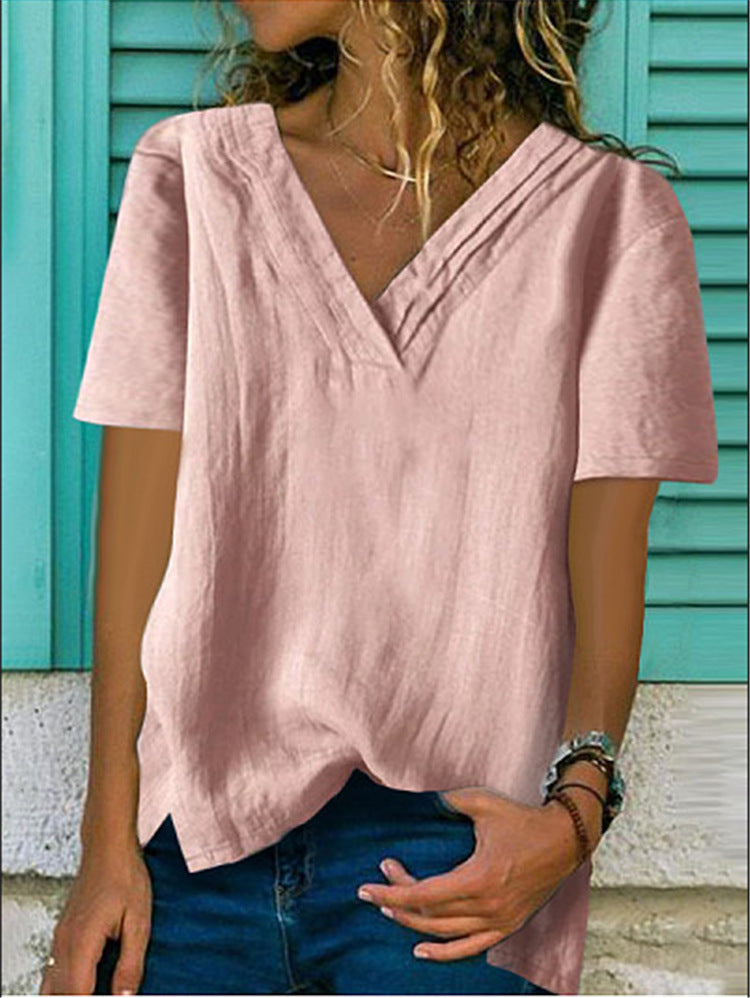 Large V-neck Hem Bifurcated Short-sleeved Cotton And Linen Layers