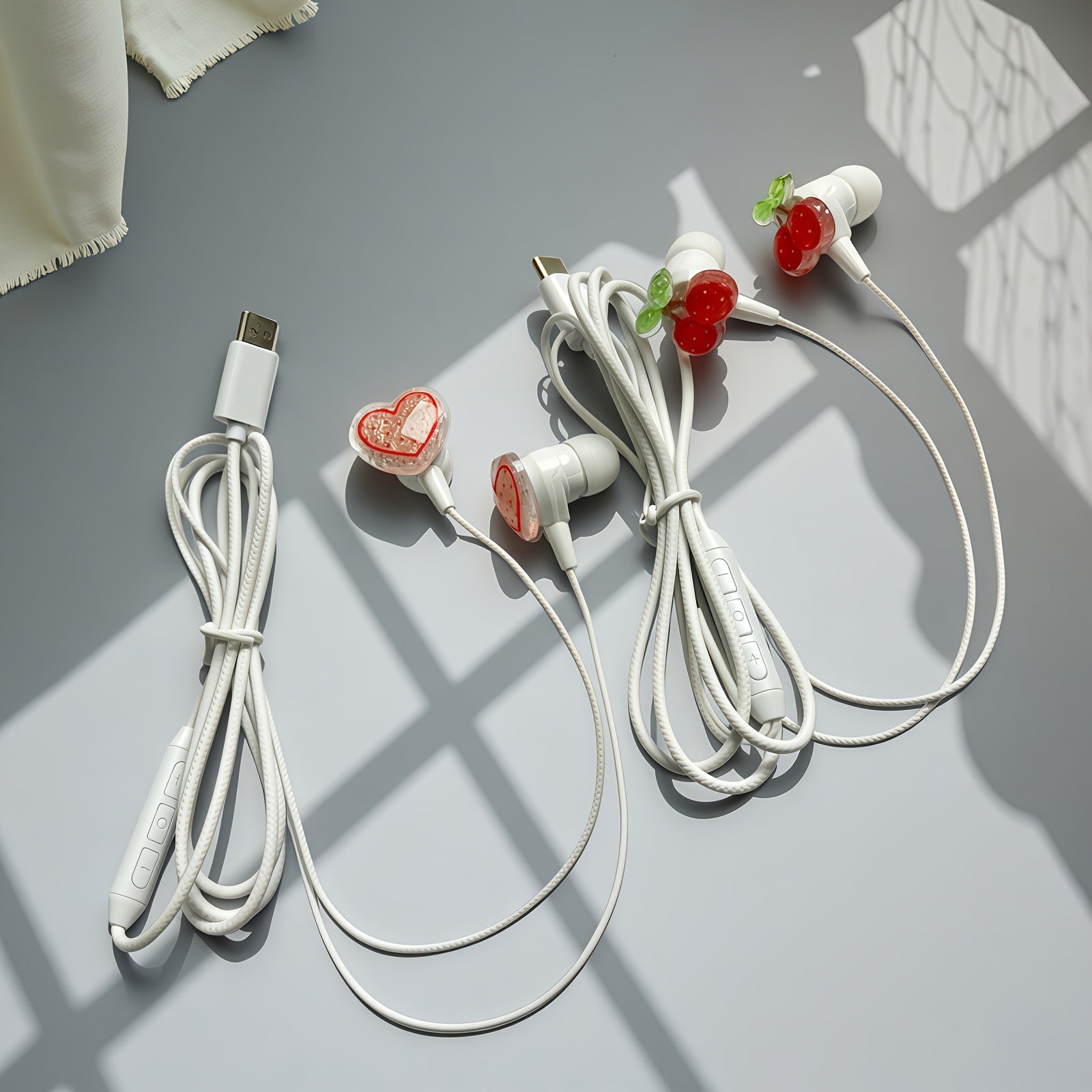 Cute Shiny Cherry & Love Design Cartoon Wired Headset,Equipped with DIY Cherry & Love Accessories,Lightweight Design, Comfortable, Durable Cable,HD Sound Quality Music Headset Built-in Microphone,Song Adjustment & Volume Cont