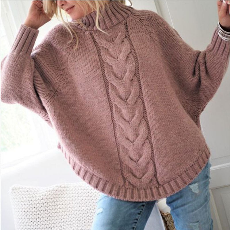 High-Collar Cable Knit Batwing Sweater
