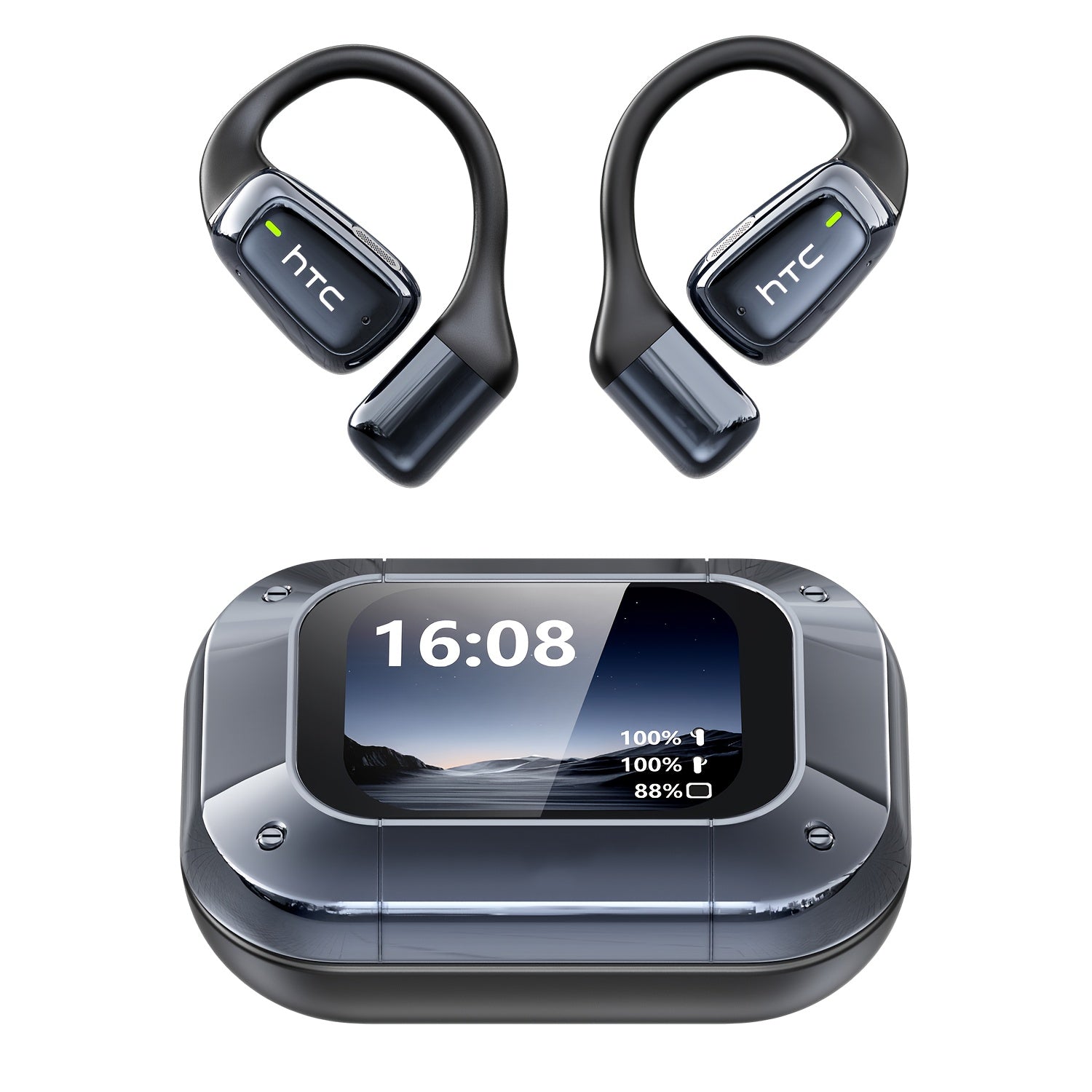 HTC NE25 Wireless Open-ear Headphones, Wireless V6.0, Low Call Latency, Equipped with Real-time 134-language AI Translation - HD LCD Display, 60 Hours of Battery Life