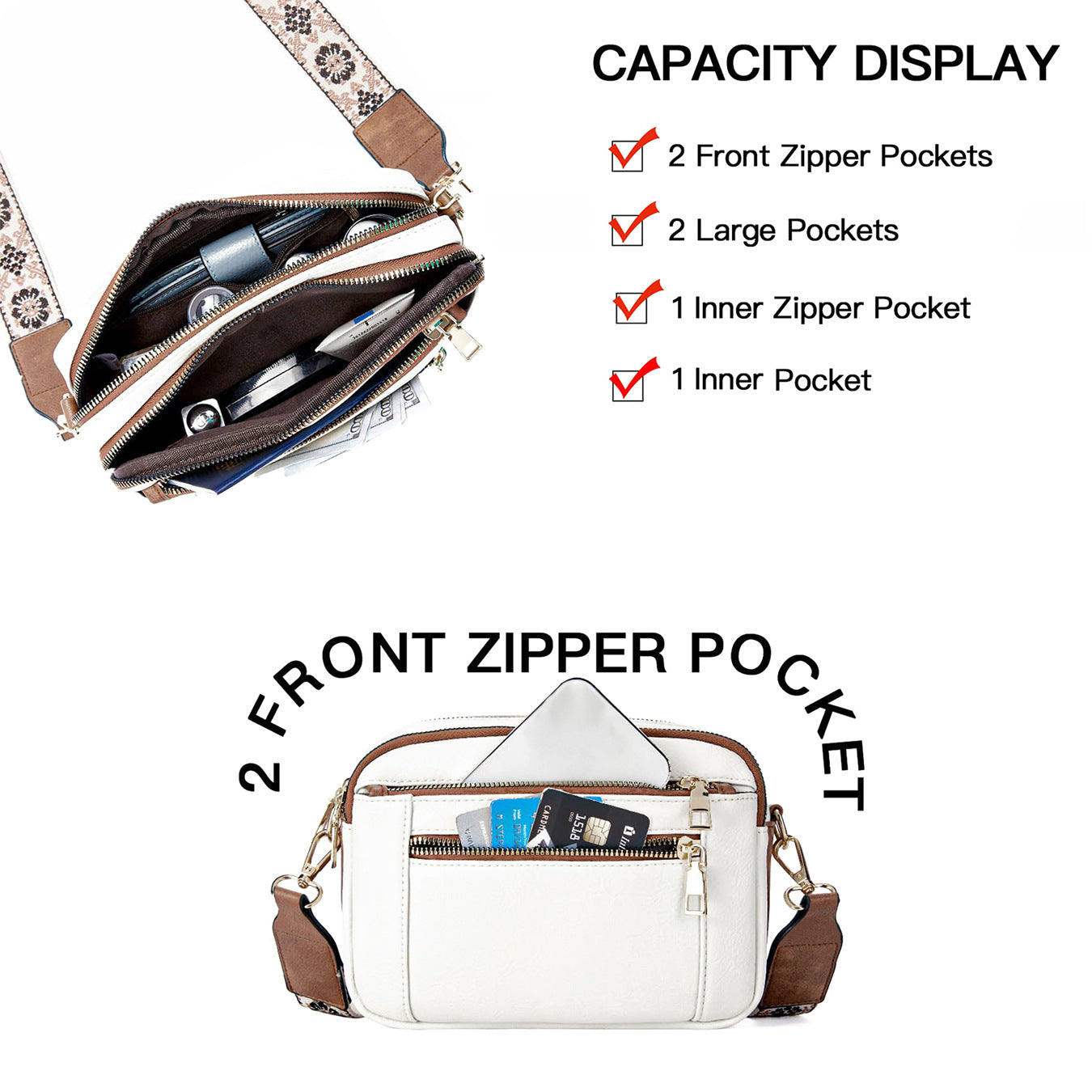 Triple-Zipper Colorblock Crossbody Bag with Floral Embroidered Strap