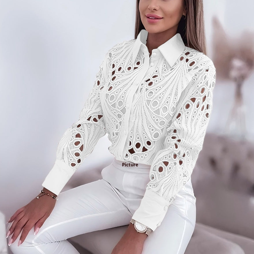 Hollow-Out Lace Button-Down Commuter Shirt