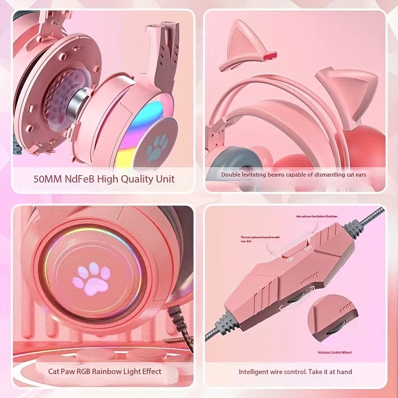 Gaming Headphones with Cat Ears And RGB Lighting - 3.5Mm Wired Over-Ear Headphones Featuring an Omnidirectional Microphone, Noise Cancellation, Volume Control, Compatible with PS4, PS5, Xbox, PC, Switch - Anime Animal Theme,