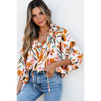 V-Neck Colorblock Printed Chiffon Blouse with Tassel Ties