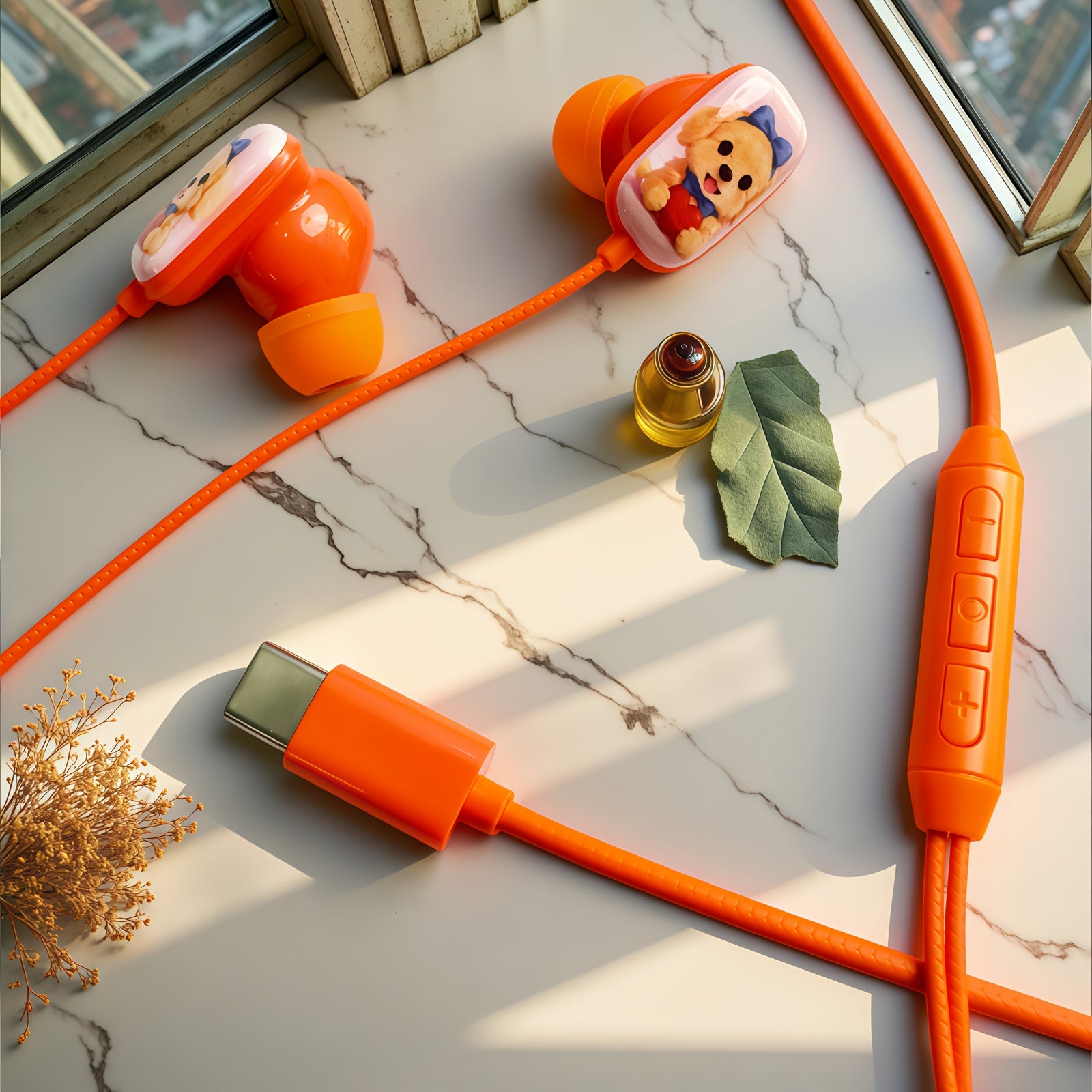 Cartoon Cute Dog 4 Colors to Choose from Wired Headphones,flat Printing Fun In-ear Call Headphones, Music Headphones, Student Headphones,cartoon Headset, HD Microphone and Volume Adjustment, Stereo Clear Sound Quality, Type C