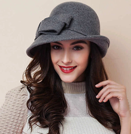 French-Style Elegant Retro Woolen Bowler Hat Curling Bow