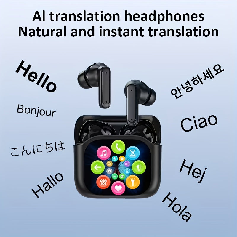 2025 New AI Real-time Translation Headset, 150 Language Translation Headset. Small Translation Wireless Headphones, LCD Color Large-screen Charging Case, TWS In-ear Headphones with ANC and ENC Noise Cancellation Functions, Su