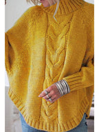 High-Collar Cable Knit Batwing Sweater