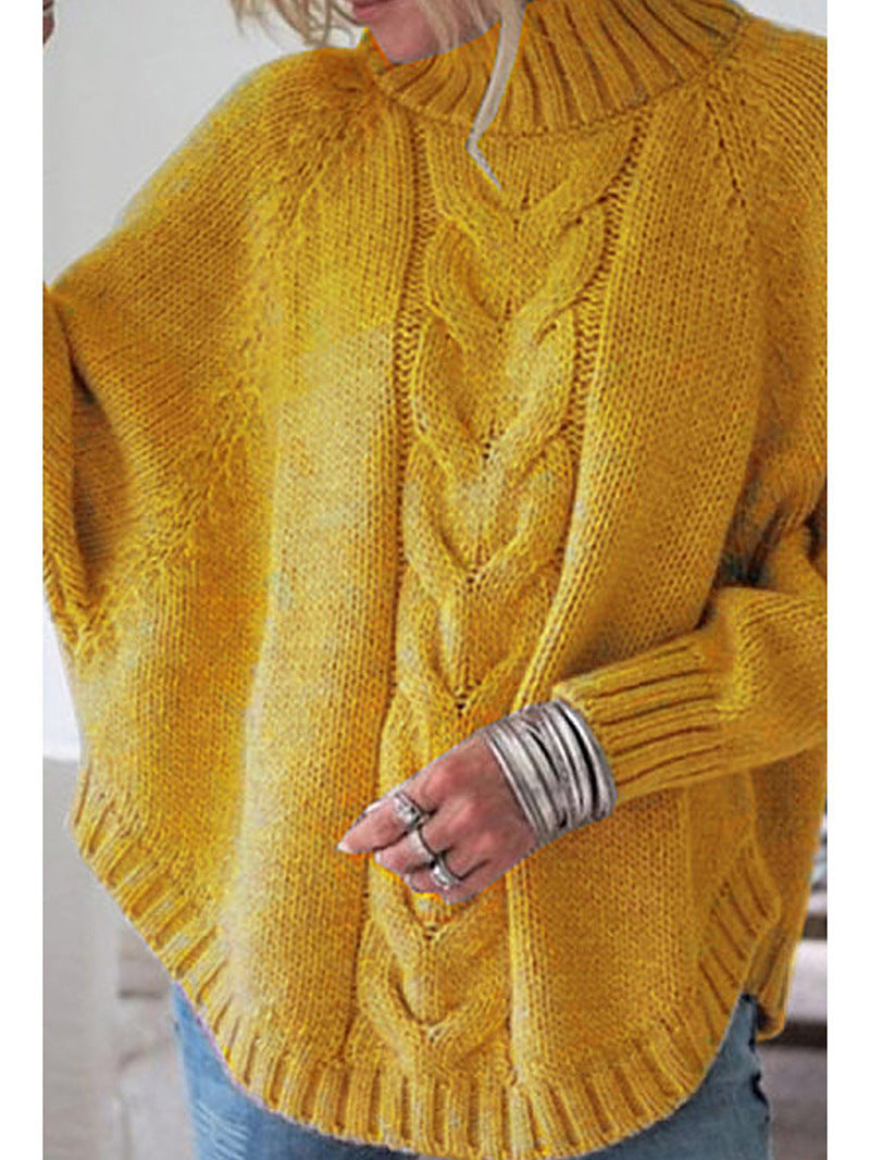 High-Collar Cable Knit Batwing Sweater