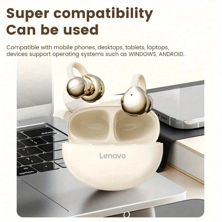 Lenovo 2025 New Bone Conduction Bluetooth Ear Clip Headphones for Phones and Tablets, Non-In-Ear Clip Design