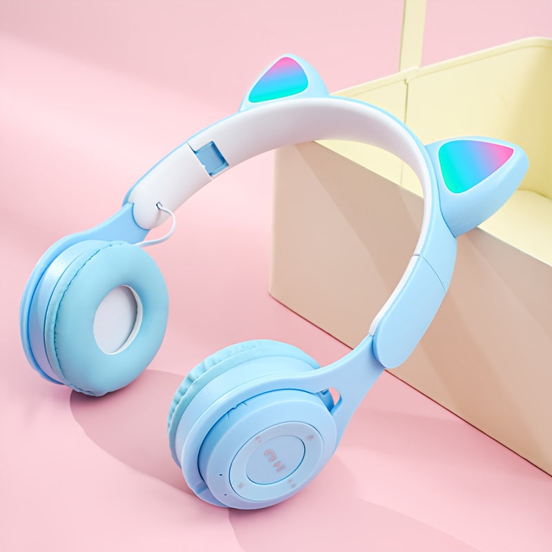 Cat's Ears (Steamed Cat-ear Shaped Bread) Headset Gradient LED Light Cat's Ear Retractable Cute Gift Wireless Headset. Valentines'Gift, Gift for Him.