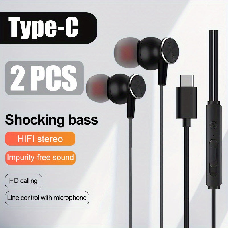 2pcs Type-C/USB C Wired Earphones with Noise Cancelling, Hi-Fi Stereo Sound, Deep Bass In-Ear Headset for Phones, Tablets & Laptops - Compatible with Most USB-C/Type-C Port Devices