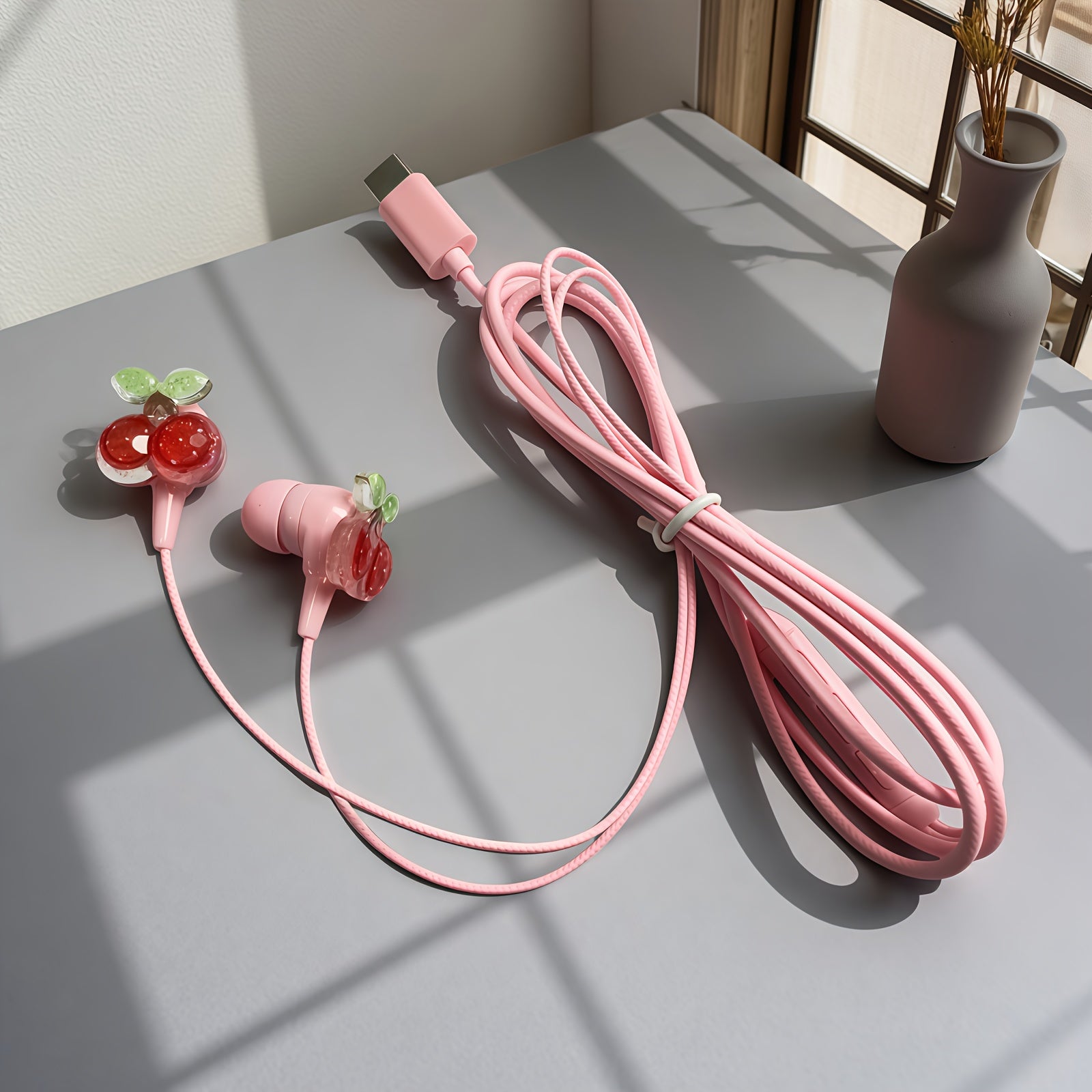 Cute Shiny Cherry & Love Design Cartoon Wired Headset,Equipped with DIY Cherry & Love Accessories,Lightweight Design, Comfortable, Durable Cable,HD Sound Quality Music Headset Built-in Microphone,Song Adjustment & Volume Cont