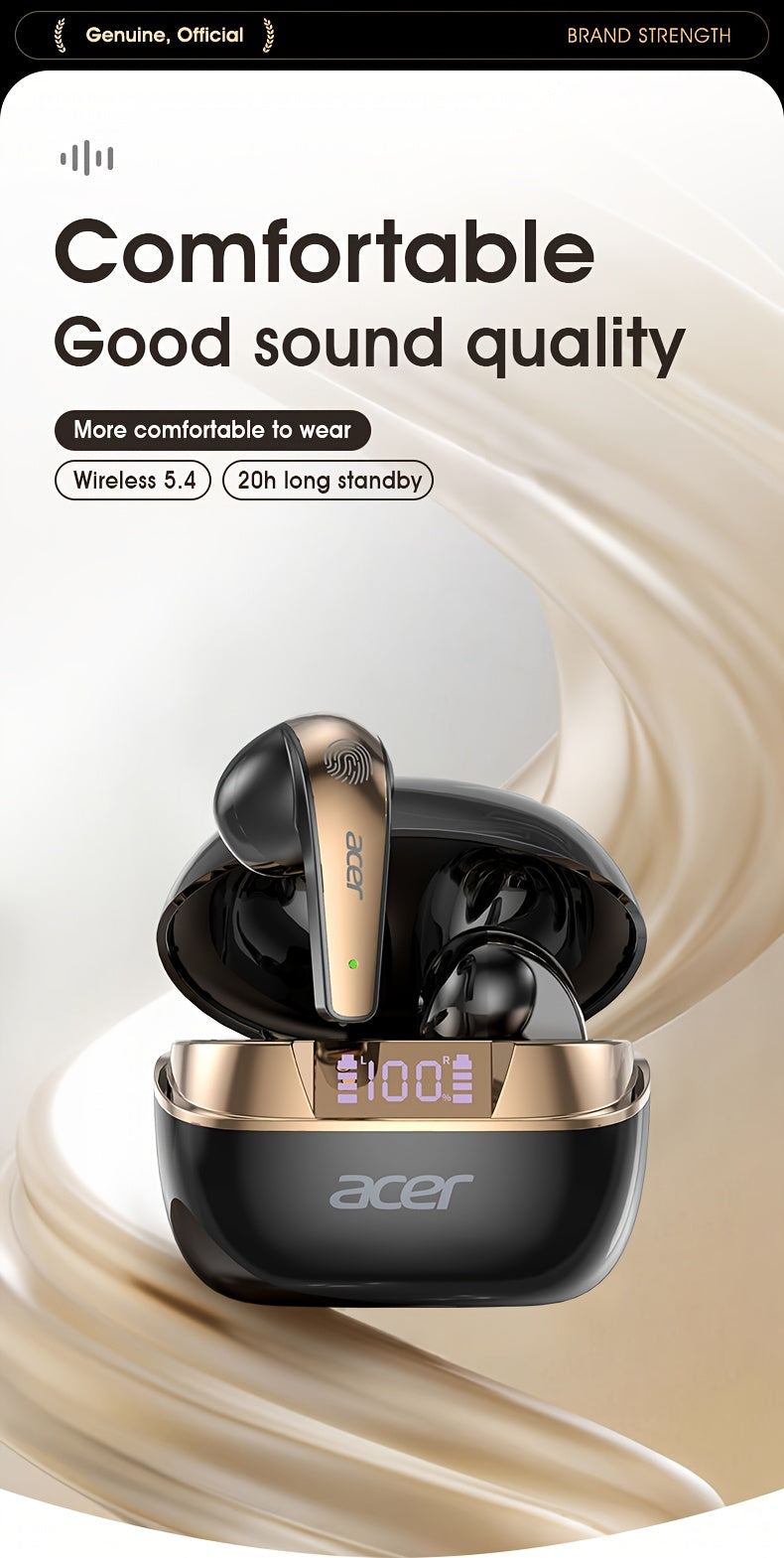 Acer TWS Wireless Earbuds with Deep Bass Stereo Sound + Call Noise Reduction, Long Battery Life, In-Ear Design for Sports And Running, Low Latency Gaming Mode, HIFI Audio, Lightweight Touch Control Design, Stylish Appearance