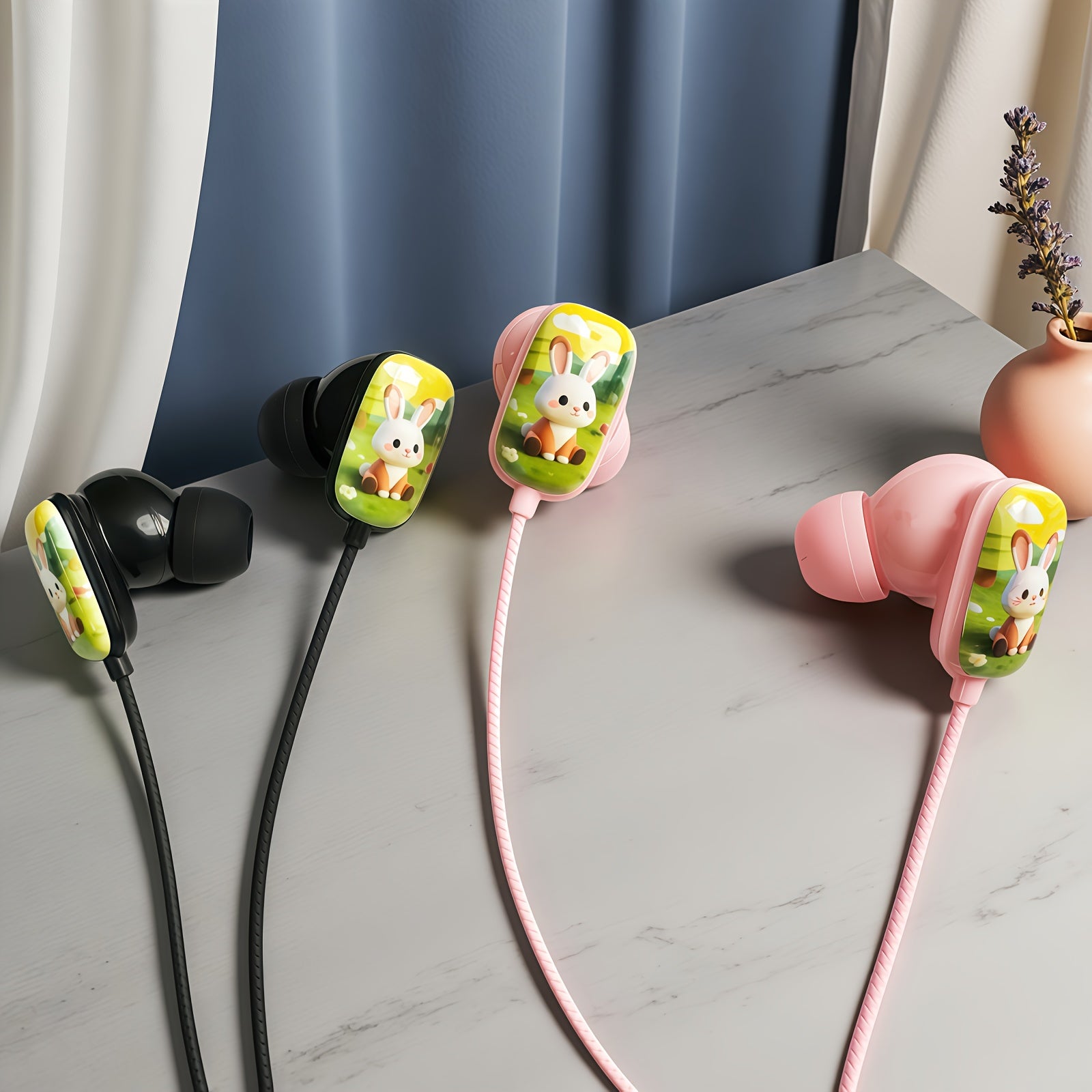 2D Flat Printing Cute Bunny Wired Headset,semi-in-ear Music Headphones, Student Headphones,Lightweight Cartoon Noise-canceling Headphones, HD Microphone, Stereo Sound Quality,Suitable for Birthday and Party Gifts.Compatible w