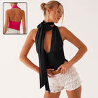 Deep V-Neck Halter Neck Tie Top