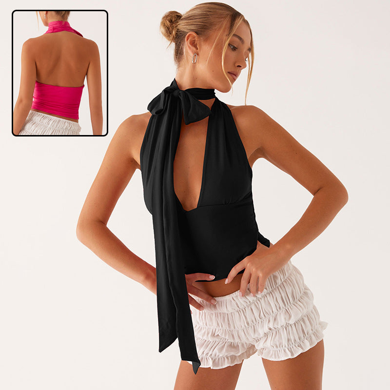 Deep V-Neck Halter Neck Tie Top