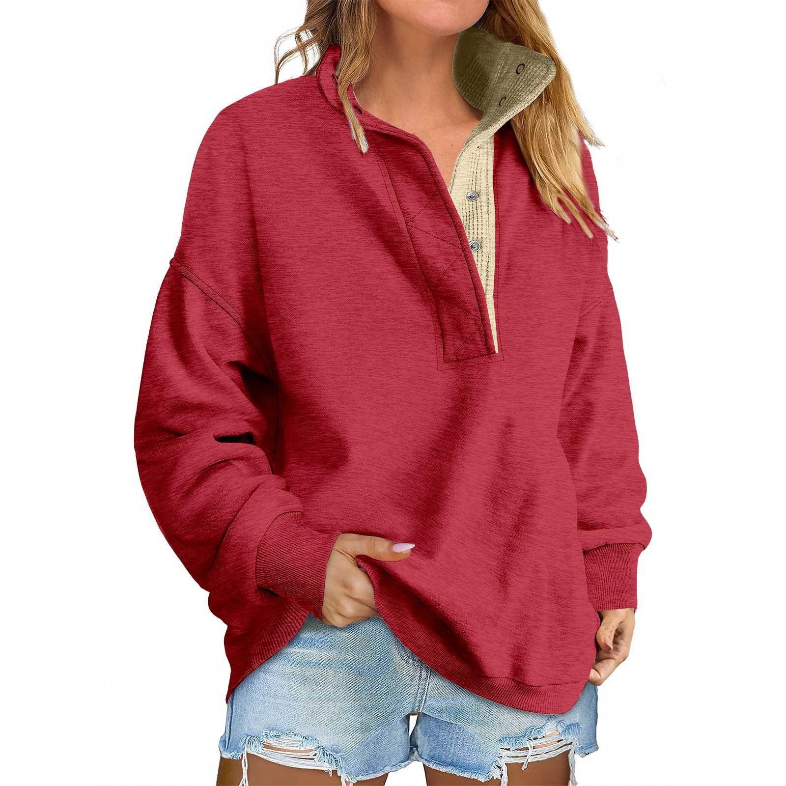 Floral Accent Buttoned Stand-Collar Pullover