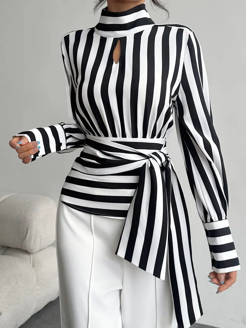 Vintage Scarf-Neck Striped Blouse with Waist Tie