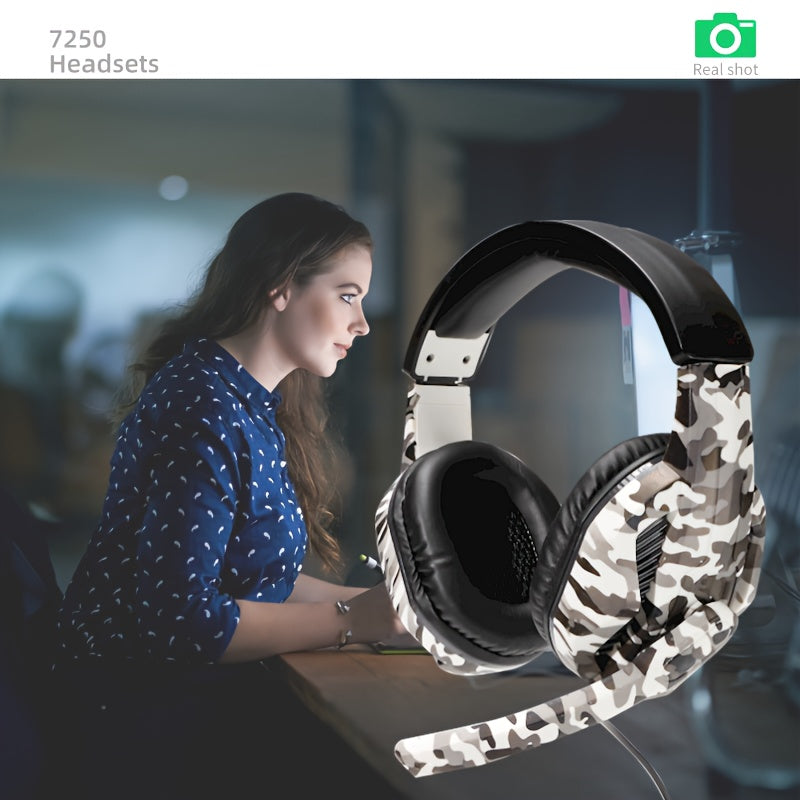 Headset with Microphone for PS4 PS5pcs XBOX ONE SWITCH | Ergonomic Design, Comfortable Wear, Gray Camouflage, Sound Isolation, Wired, Volume Control, Retractable Cable, 3.5mm Jack, USB Powered