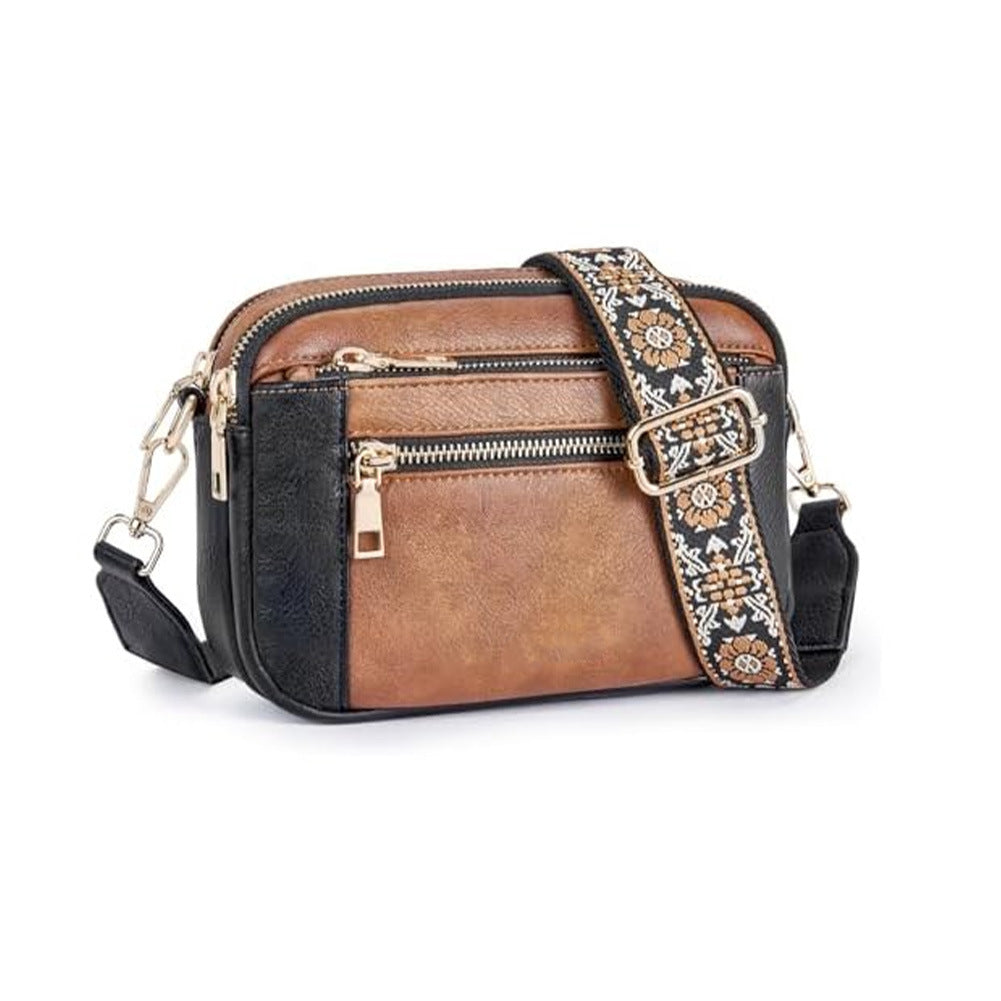 Triple-Zipper Colorblock Crossbody Bag with Floral Embroidered Strap