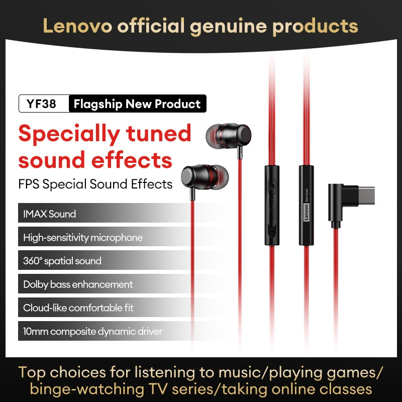 Lenovo YF38 Type-c Headphones Earphones Headset Multi-Scenario Users and Sound Quality Seekers Daily Device Connection and Casual Gaming Moments Professional Game-Tuned High-Resolution Audio Effects Compact In-Ear Build Stron