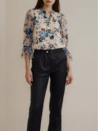 Vintage V-Neck Chiffon Blouse with Lotus Leaf Sleeves