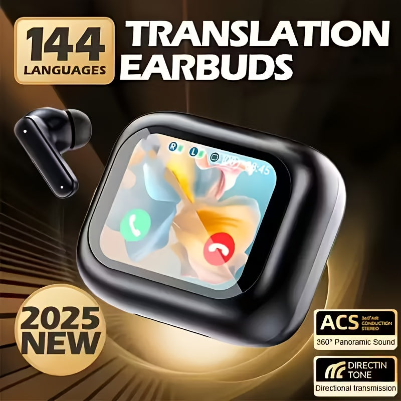 2025 New AI Real-time Translation Headset, 150 Language Translation Headset. Small Translation Wireless Headphones, LCD Color Large-screen Charging Case, TWS In-ear Headphones with ANC and ENC Noise Cancellation Functions, Su