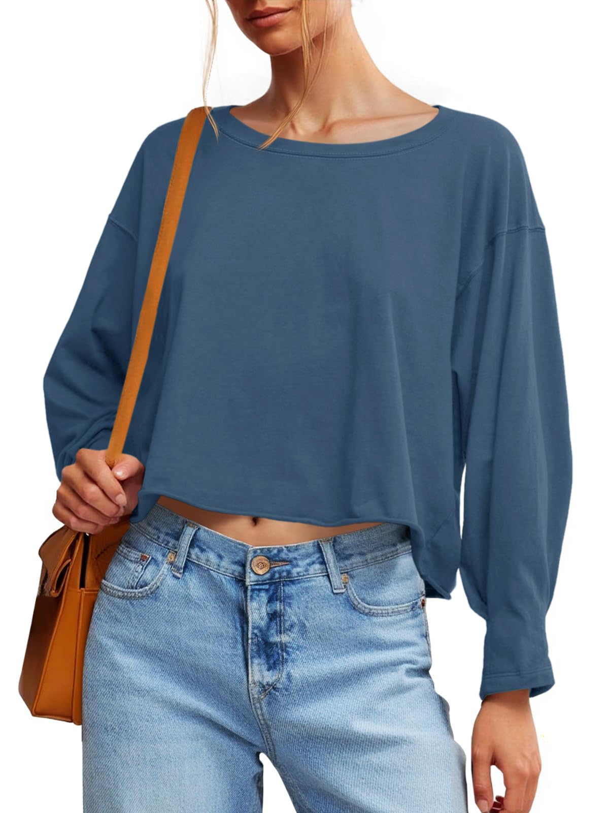 Lantern Sleeve Crewneck Crop Top