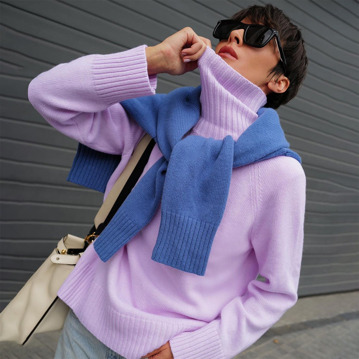 Solid-Color Raglan Sleeve Turtleneck Sweater