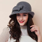 French-Style Elegant Retro Woolen Bowler Hat Curling Bow
