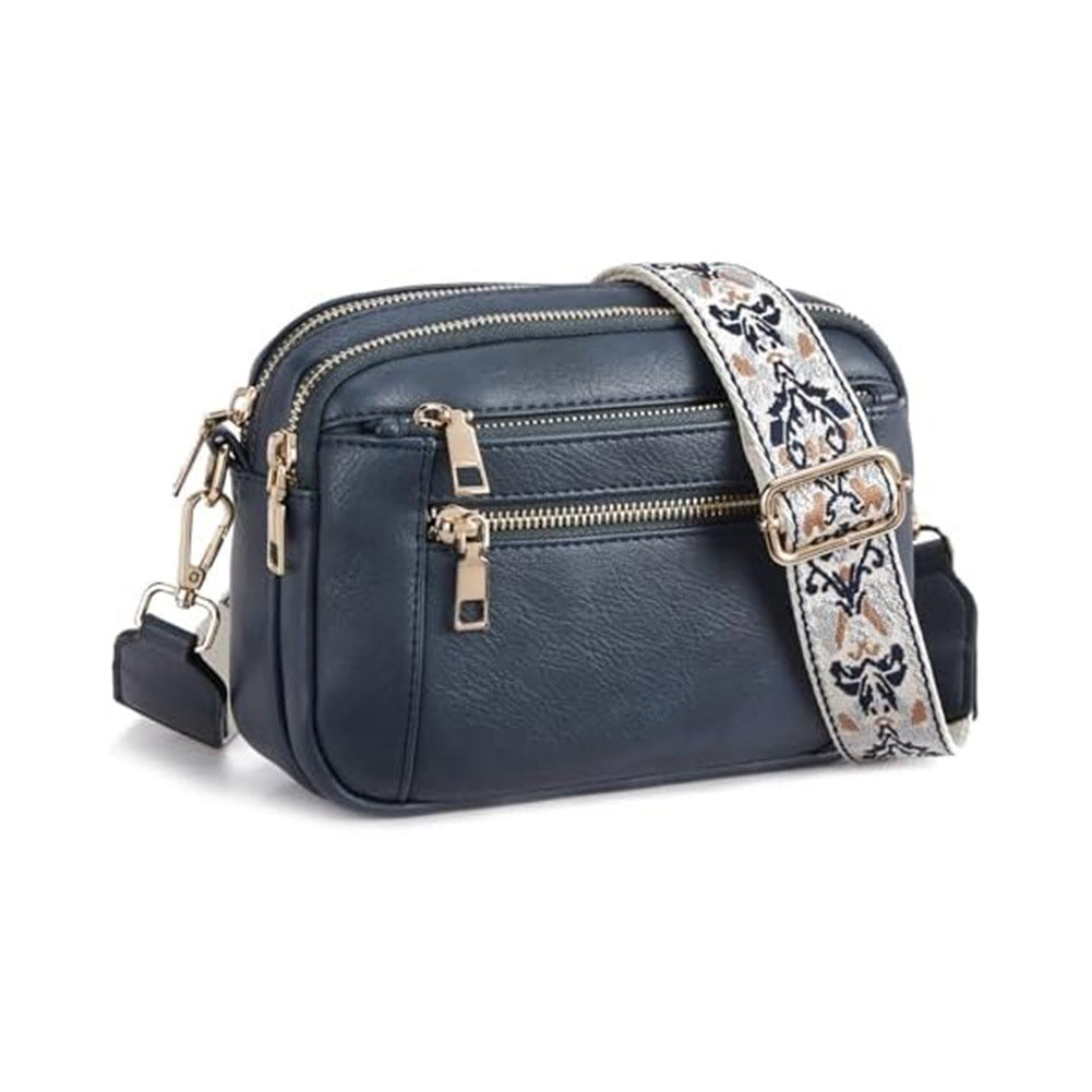 Triple-Zipper Colorblock Crossbody Bag with Floral Embroidered Strap