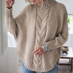 High-Collar Cable Knit Batwing Sweater