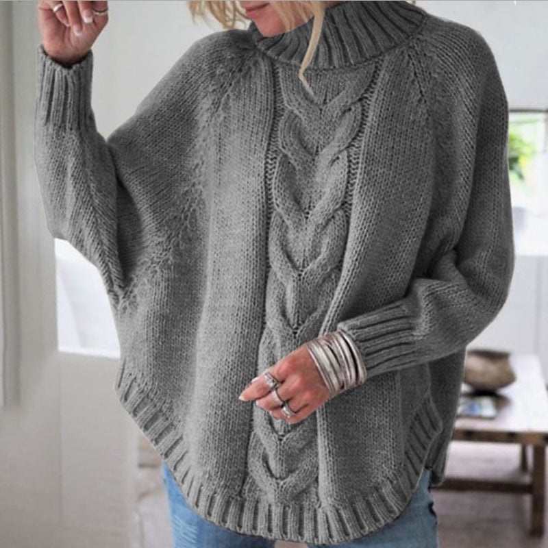 High-Collar Cable Knit Batwing Sweater