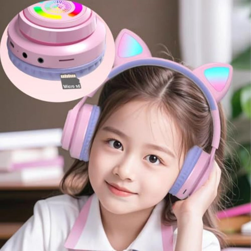 Cat Ear Gaming Headphones Wireless Bluetooth V5. 3 LED Lights Pink and Purple with Microphone