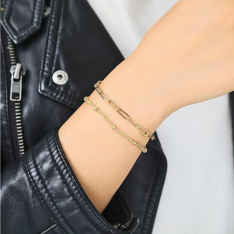 Dainty 14K Gold Filled Layered Paperclip Chain Bracelet Set