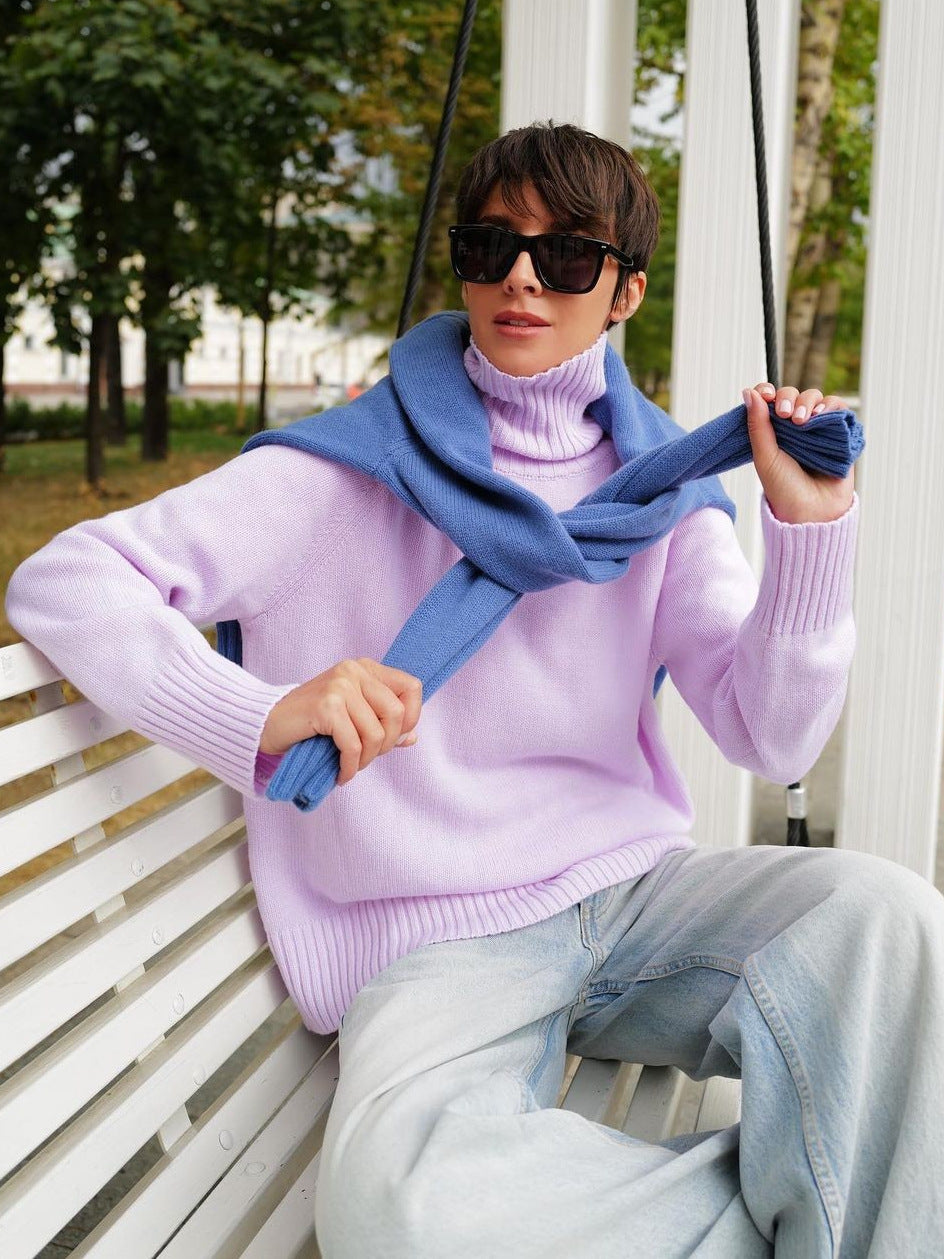Solid-Color Raglan Sleeve Turtleneck Sweater