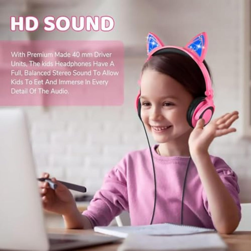 Aputue Cat Ear Headphones with LED Light Up Kitten Ears, Wired Headset with 85dB Volume Limiter, Adjustable Kitty Ear Earphones for Girls & Boys, Compatible for Tablet, PC, Smartphone