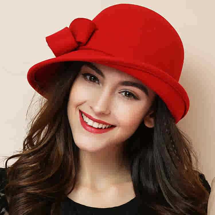 French-Style Elegant Retro Woolen Bowler Hat Curling Bow