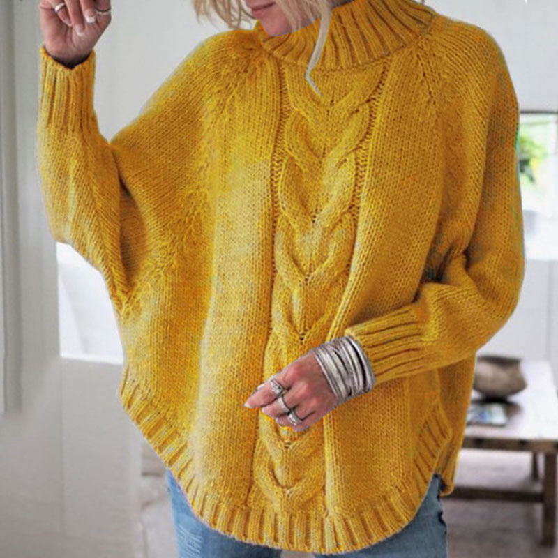 High-Collar Cable Knit Batwing Sweater