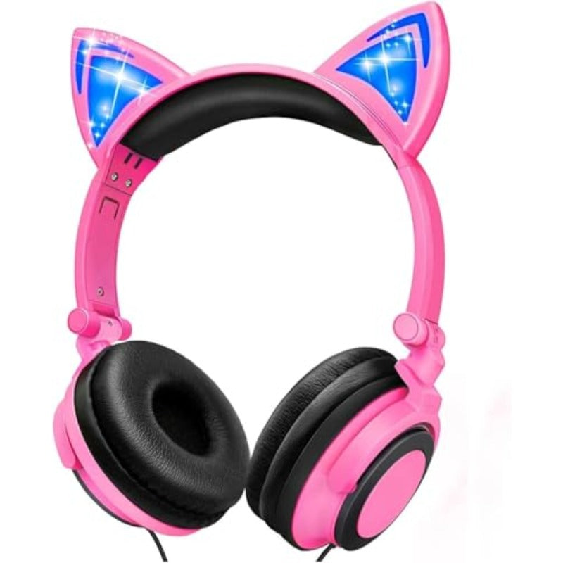 Aputue Cat Ear Headphones with LED Light Up Kitten Ears, Wired Headset with 85dB Volume Limiter, Adjustable Kitty Ear Earphones for Girls & Boys, Compatible for Tablet, PC, Smartphone