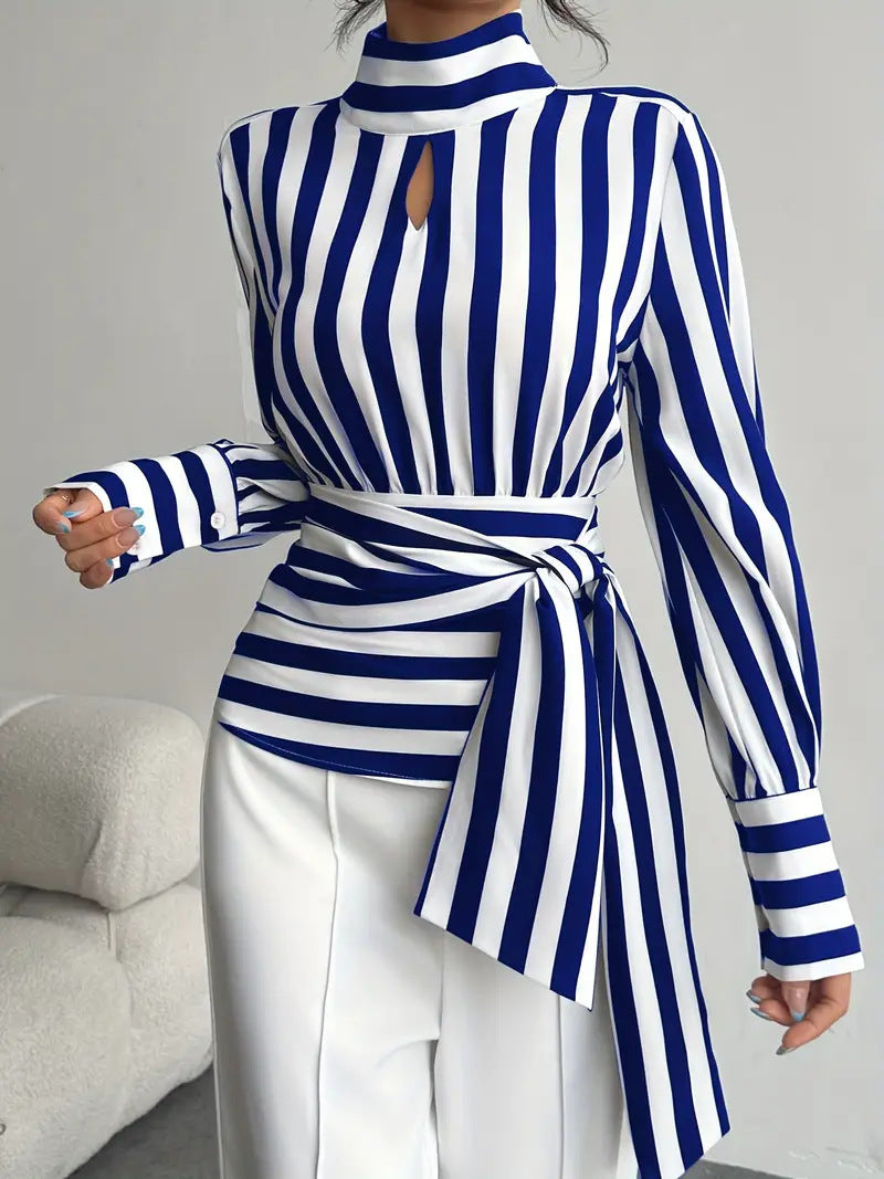 Vintage Scarf-Neck Striped Blouse with Waist Tie
