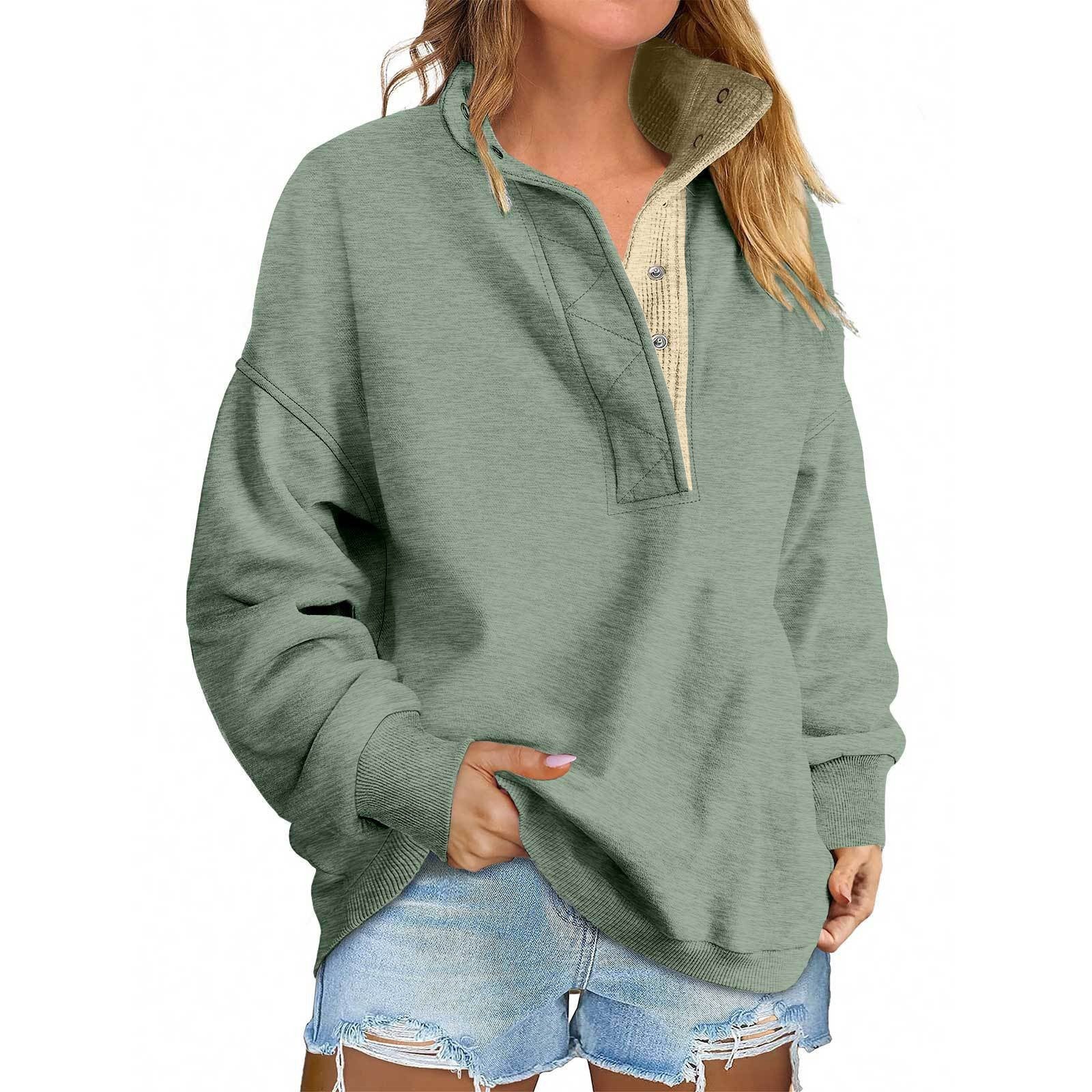Floral Accent Buttoned Stand-Collar Pullover