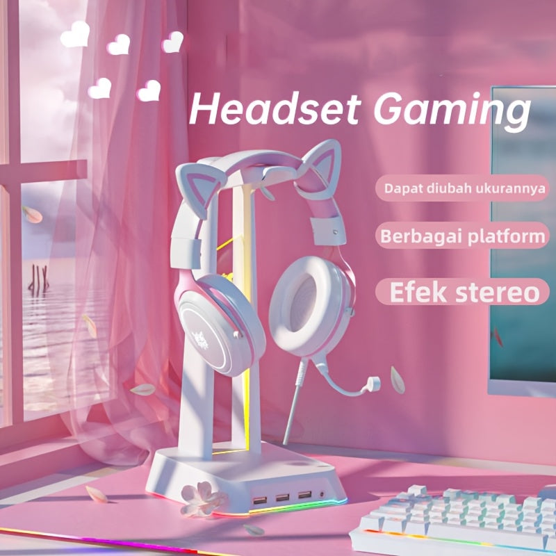 Onikuma2025'S Latest White And Pink Cat-Ear Wired Headphones Feature 360-Degree Rotation And High-Quality Stereo Sound. an Essential Addition to Any Gaming Setup. A Charming And Whimsical Present for Female Students. X10 Whit