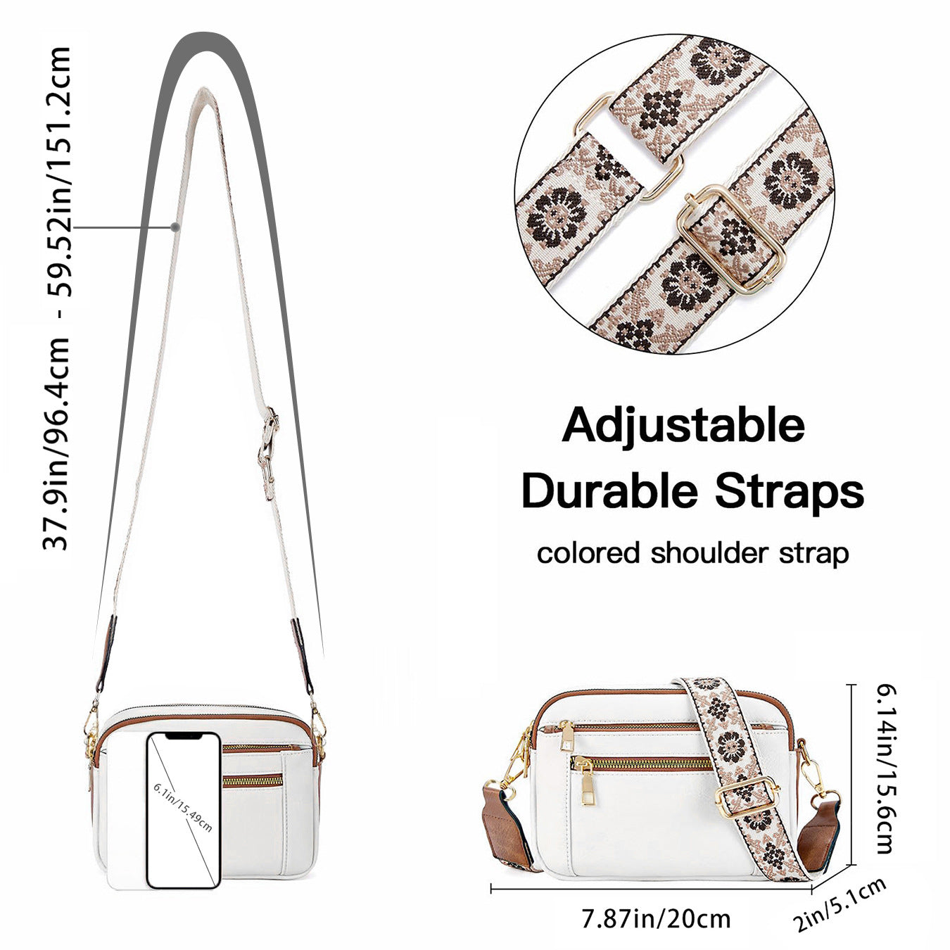 Triple-Zipper Colorblock Crossbody Bag with Floral Embroidered Strap
