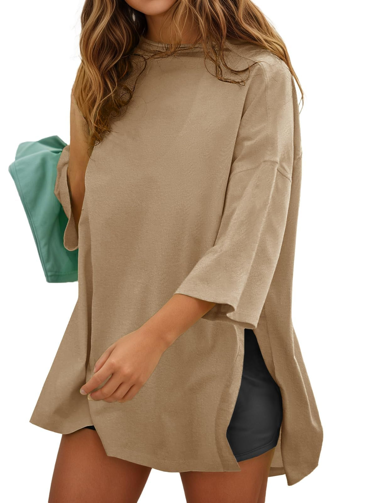 Oversized Side-Slit T-Shirt with 3/4 Sleeves