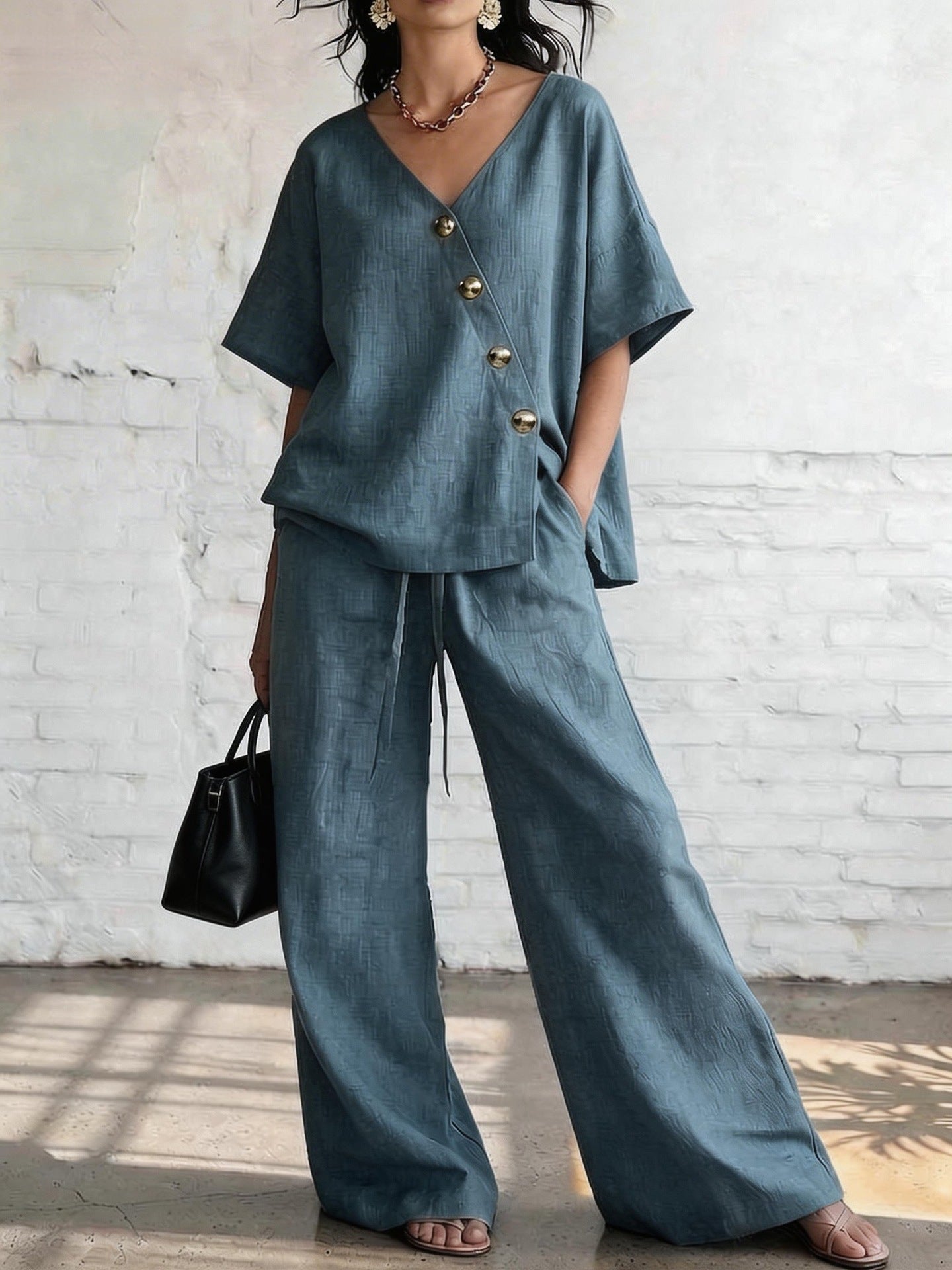 Cotton-Linen V-Neck Wide-Leg Set