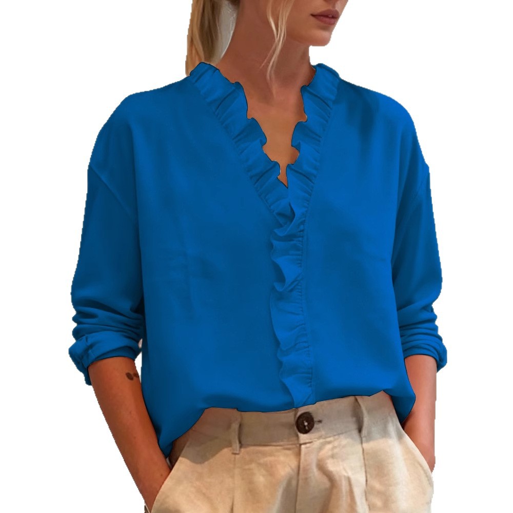 Womens Casual Long-sleeve V-neck Blouse With Lace Trim