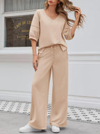 V-Neck Lounge Set with Wide-Leg Trousers